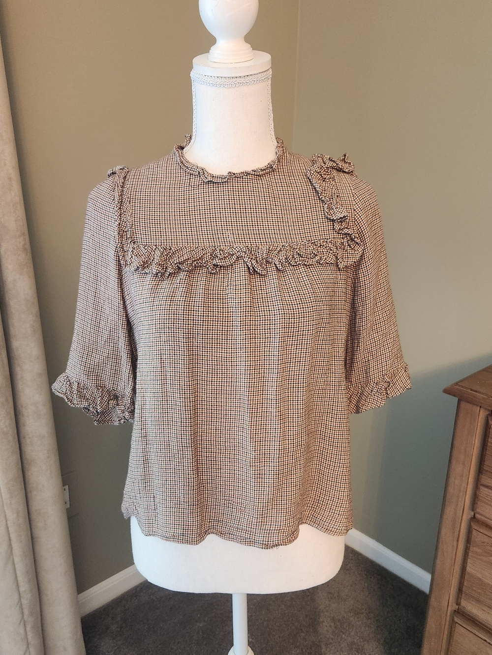 Zara Brown Gingham Ruffle Yoke Blouse